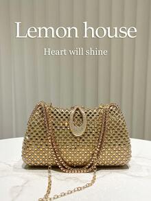 1pc Gold Elegant Full Rhinestone Box-Shaped Handbag, Luxury Crystal Evening Clutch Bag, Suitable For Weddings, Parties, Galas, Valentine's Day And Other Occasions - Gold - View 3