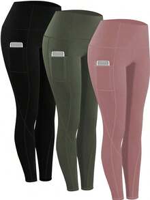 Plus Size 3pcs/Set Yoga Pants, Sport Compression Tight Leggings, Skinny Elastic Running Tights, High Cinched Waist Base Layer Pants Black Spring - 黑色 - 查看 2