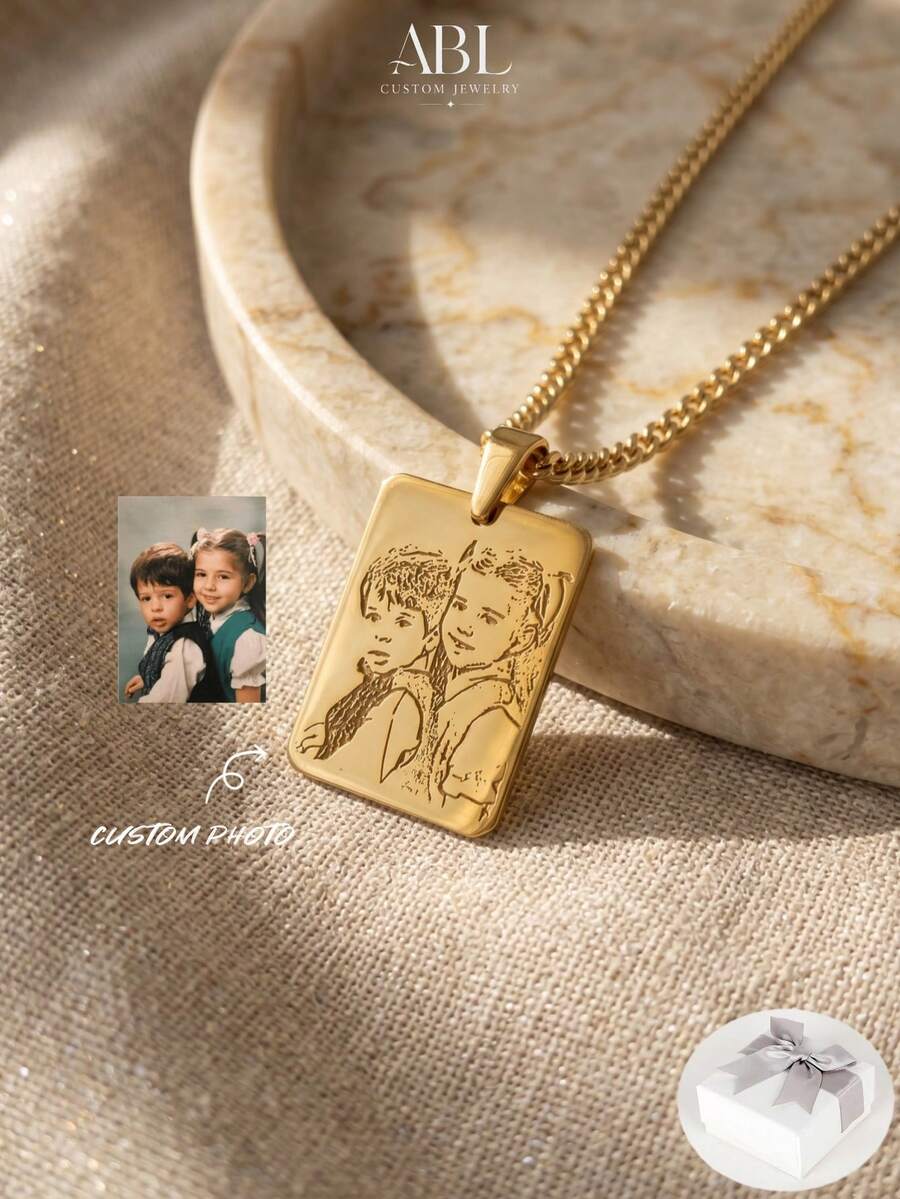 Personalized Photo Engraved Necklace, Custom Photo Engraving, 18K Stainless Steel Necklace, Gold/Silver Portrait Pendant, Personalized Family/Pet Jewelry, Perfect Gift - Multicolor-paperclip Chain - View 1