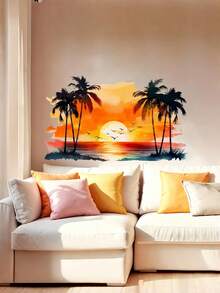 1pc Summer Bestseller Sunset Beach Coconut Tree Creative Wall Sticker For Summer Living Room Home Decor - Multicolor - View 1