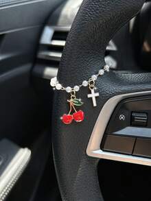 Cadena colgante con colgante de cruz de cereza y perla para espejo retrovisor, accesorio de decoración interior de coche delicado para mujeres - A - Ver 5