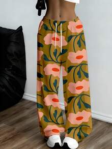 Floral Print Wide Leg Pants With Drawstring Waistband Comfortable Loose Fit For Women Suitable For Casual And Sports Activities - White - View 3