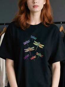 Graphic T-Shirts - Colorful T-Shirt With Dragonfly - Cotton - Black - View 1