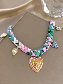 1Pc Gold Plated Bohemian Rose Embossed Heart Pendant Necklace,Multicolor Braided Scarf Choker,For Women,Beach Vacation,Holidays,Summer Boho,Gifts For Mom,For Daily Wear,Party Dating,Wedding Season,Bridesmaids Birthday Anniversary Valentine Gift,Music Festival Easter Day - Multicolor - View 6