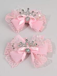 2pcs Pink Lace Bow Hair Clips For Girls, Elegant Silver Crown & Rhinestone Decor Fashion Barrettes, Alligator Clips & Hair Clips, Wedding, Party & Daily Wear Hair Accessories - Pink - View 1