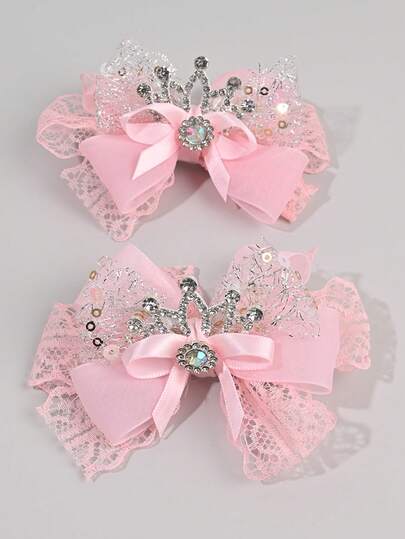 2pcs Pink Lace Bow Hair Clips For Girls, Elegant Silver Crown & Rhinestone Decor Fashion Barrettes, Alligator Clips & Hair Clips, Wedding, Party & Daily Wear Hair Accessories