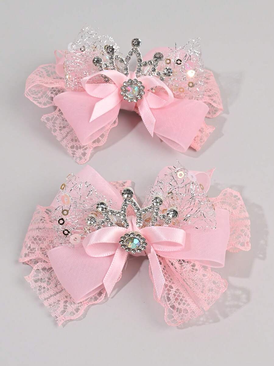 2pcs Pink Lace Bow Hair Clips For Girls, Elegant Silver Crown & Rhinestone Decor Fashion Barrettes, Alligator Clips & Hair Clips, Wedding, Party & Daily Wear Hair Accessories - Pink - View 1