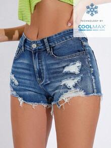Pantalones cortos de mezclilla para mujer con bolsillos y bajo deshilachado - Azul lavado oscuro 2 - Ver 7