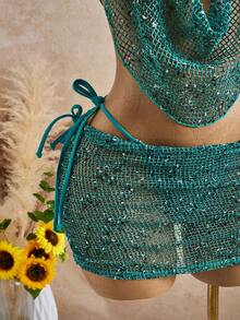 Bộ đồ đi biển 3 mảnh mùa xuân/hè mới dành cho nữ, bikini thiết kế cổ yếm chữ V khoét sâu với viền ren móc và chân váy voan mỏng, thích hợp cho các bữa tiệc bể bơi, lễ hội âm nhạc, lễ hội hóa trang và kỳ nghỉ. - Xanh lam công - Xem 4