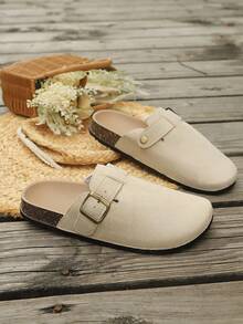 Women's Casual Black Mule Shoes With Adjustable Ankle Strap - Soft Faux Suede And Cushioned Insole (Comfortable Work Shoes), Bohemian Buckle Decor, Non-Slip Soft Bottom, Velvet Material, Solid Color Round Toe, Slip-On Mule Flats, European And American Casual Style, Suitable For Spring/Autumn, Home, Commute, Shopping, Travel, Daily Wear - Beige - View 2