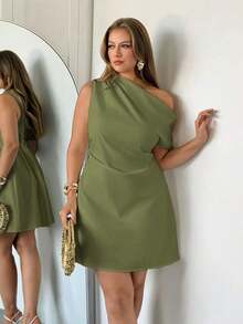 Auralis Vestido casual asimétrico de hombro de unicolor para mujer de talla grande - Verde militar - Ver 1