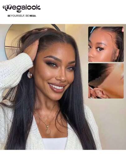 MEGALOOK 13x6高清蕾丝无胶前假发，柔顺直发，自然黑色，100%真人发丝，隐形蕾丝，无缝贴合各种肤色，透气帽，无需胶水，180%/200%密度，预先拔毛的发际线，可随意分缝，即戴即走，全天舒适，掉发极少，适合女性日常佩戴，办公场合适用。