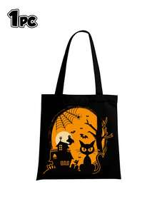 1 pieza Bolsa de tela para Halloween, con asas con diseños de gato negro, fantasma, murciélago, araña y telaraña. Bolsa de compras y monedero de gran capacidad para mujeres. Bolsa de Halloween, perfectamente adecuada para varias fiestas, moda de Halloween y estilo gótico, puede contener libros, bolsas de compras y útiles escolares. - multicolor - Ver 8
