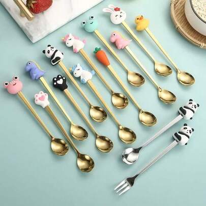 304 Stainless Steel Fork & Spoon Set, Creative Cartoon Figurine Dessert Spoon, Coffee Stirrer, Fruit Fork, Cake Fork