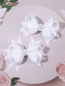 2pcs Solid-Color Bow Hair Clips For Girls: White With Faux Pearl Accents. Perfect For Everyday Casual Wear, Birthday Parties, Preppy Styles, Back-To-School Day, And The Back-To-School Season - White - View 7