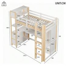 Loft Bed, 90 X 200 Cm, Shelves, Ample Storage, Desk, Wardrobe, Mattress Not Included, Natural Finish - Natural Color - View 7