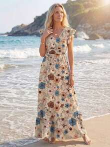 Vestido largo de línea A con pliegues y estampado floral vintage, con mangas cortas y bajo. Vestido elegante y casual para vacaciones, adecuado para primavera y verano. Vestido chic para salir de vacaciones - Multicolor 4 - Ver 3
