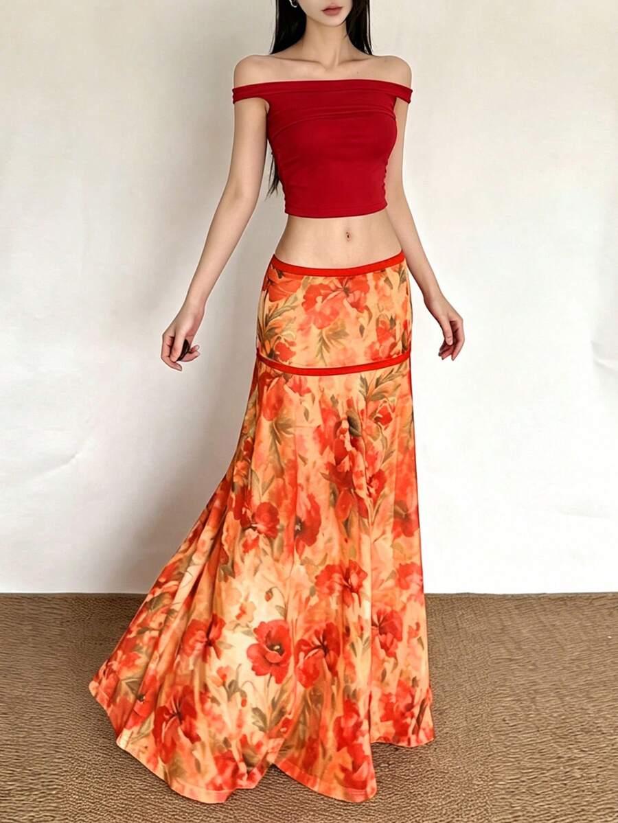 Chân váy maxi dáng chữ A in hoa phong cách boho thanh lịch của YeonC dành cho nữ, chất liệu polyester co giãn cao, hơi xuyên thấu, dáng dài thướt tha, kiểu dáng thường ngày. - trái cam - Xem 1