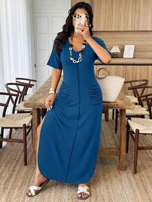 Weeklong Vestido de punto casual con cuello en V, rayas, bolsillos dobles, plisado y bajo con abertura para mujer talla grande, primavera/verano - Agua verde azul - Ver 5
