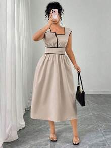 Vestido de mujer talla grande con bloqueo de color, cintura plisada, diseño de cintura ajustada, adecuado para el uso diario - Caqui - Ver 4