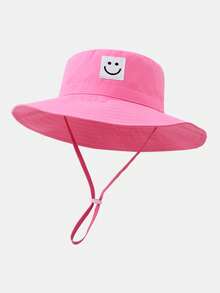 2 piezas Sombrero de cubo de protección solar de verano para niños con parche de cara sonriente de unicolor y correa para la barbilla - Rosa claro + rojo rosado (parche con carita sonriente) - Ver 4