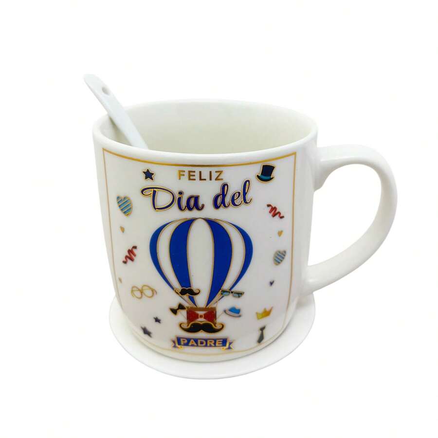 Taza Cerámica Feliz Día del Padre Incluye Cuchara y Tapa o Platito con Caja para Regalo Color Azul - GLOBO - Ver 1