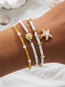 3pcs/Set Summer Beach Style Metal Starfish & Shell Beaded Bracelet Set For Women - Multicolor - View 19
