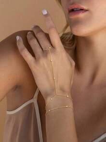 1pc Fashionable Personalized Minimalist Metal Lip-Shaped Double-Layer Linked Finger Ring Bracelet, Versatile, Great Gift Suitable For Daily Wear - Gold-1 - View 3