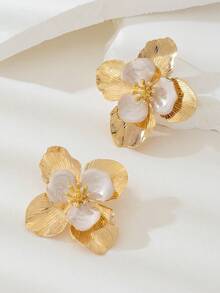 1 Pair Elegant Delicate Metal Enamel Double-Layer Floral Earrings, Suitable For Beach, Vacation, Daily Wear, Gifts - White - View 2