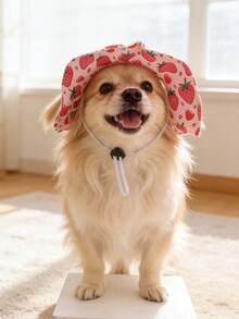 Pink Strawberry Polyester Sun Protection Hat, Ear-Exposed Design, Sun Protection Function. Pet Dog Hat, Essential Pet Accessory. Suitable For Small Pet Dogs To Wear Outdoors All Year Round. - Multicolor - View 2