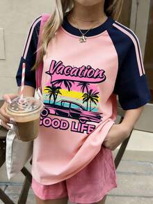Summer New Fashion, Girl's Contrast Color Short Sleeve T-Shirt, Casual Funny Pattern Top, Suitable For School/Sports/Outdoor Activities - Pink - View 1