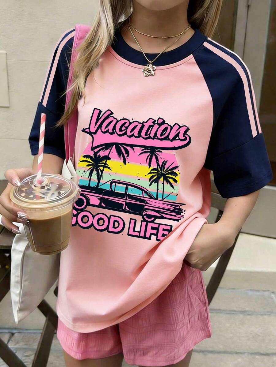 Summer New Fashion, Girl's Contrast Color Short Sleeve T-Shirt, Casual Funny Pattern Top, Suitable For School/Sports/Outdoor Activities - Pink - View 1
