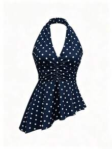 Women's Fashion Polka Dot Asymmetrical Hem Ruched Halter Top Summer - Navy Blue - View 2