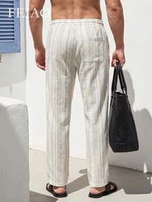 Feio Men's Vintage Striped Linen-Feel Straight Leg Pants, Suitable For All Seasons. Perfect For Casual, Work And Vacation - smoke gray - View 2
