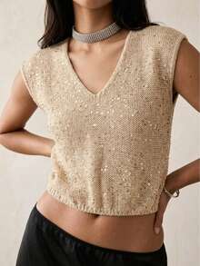 Women's Loose V-Neck Batwing Sleeve Short Casual Beaded Knit Vest Top, Versatile For Work, Date, Party, Shopping, Apricot, Spring/Summer - Apricot - View 2