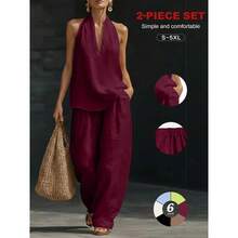 2026 Sexy Halter Backless Two Piece Set, V-Neck Top & High Waist Wide Leg Pants, Summer Boho Beach, Long Sleeve, Loose-Fit - Xanh đậm - Xem 7