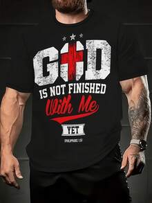 Camiseta Unisex con Mensaje Inspirado en Dios, Impresión 3D, Tela Cómoda, a la Moda, Talla Grande, Cuello Redondo Casual, Ligeramente Elástica, Dios Aún No Ha Terminado Mi Trabajo - Negro - Ver 6