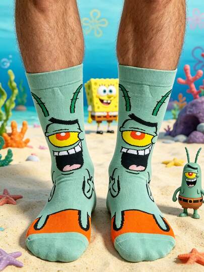 SpongeBob SquarePants 1 đôi tất nam cổ cao in hình nhân vật phản diện hoạt hình màu xanh lá cây và cam tương phản, kiểu dáng vui nhộn và thoải mái, phù hợp cho mọi mùa.
