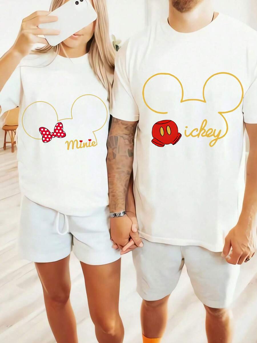 Disney Mickey Minnie Heartfelt Kiss Shirts Disney Tee Disney Officially Printed Couple Short Sleeved T-Shirt, Suitable For Beautiful Casual Shirts In Spring And Summer, The Best Choice For - 女士T卹 - 查看 1