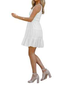 Women's Casual Dress, Round Neck Sleeveless Solid Color Pullover Ruched A-Line Mini Dresses - White - View 7