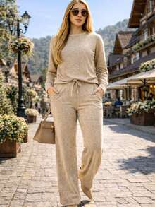 WOMEN'S WINTER SET, HIGH-WAIST PANTS WITH ELASTIC BAND AND LANYARD BLOUSE - Beige - View 2