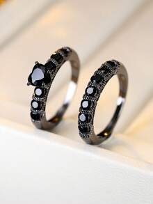 1 Set Black Gun Color Heart Shaped Main Diamond Pave Ring, Vintage Stackable Rings - Gun Black - View 1