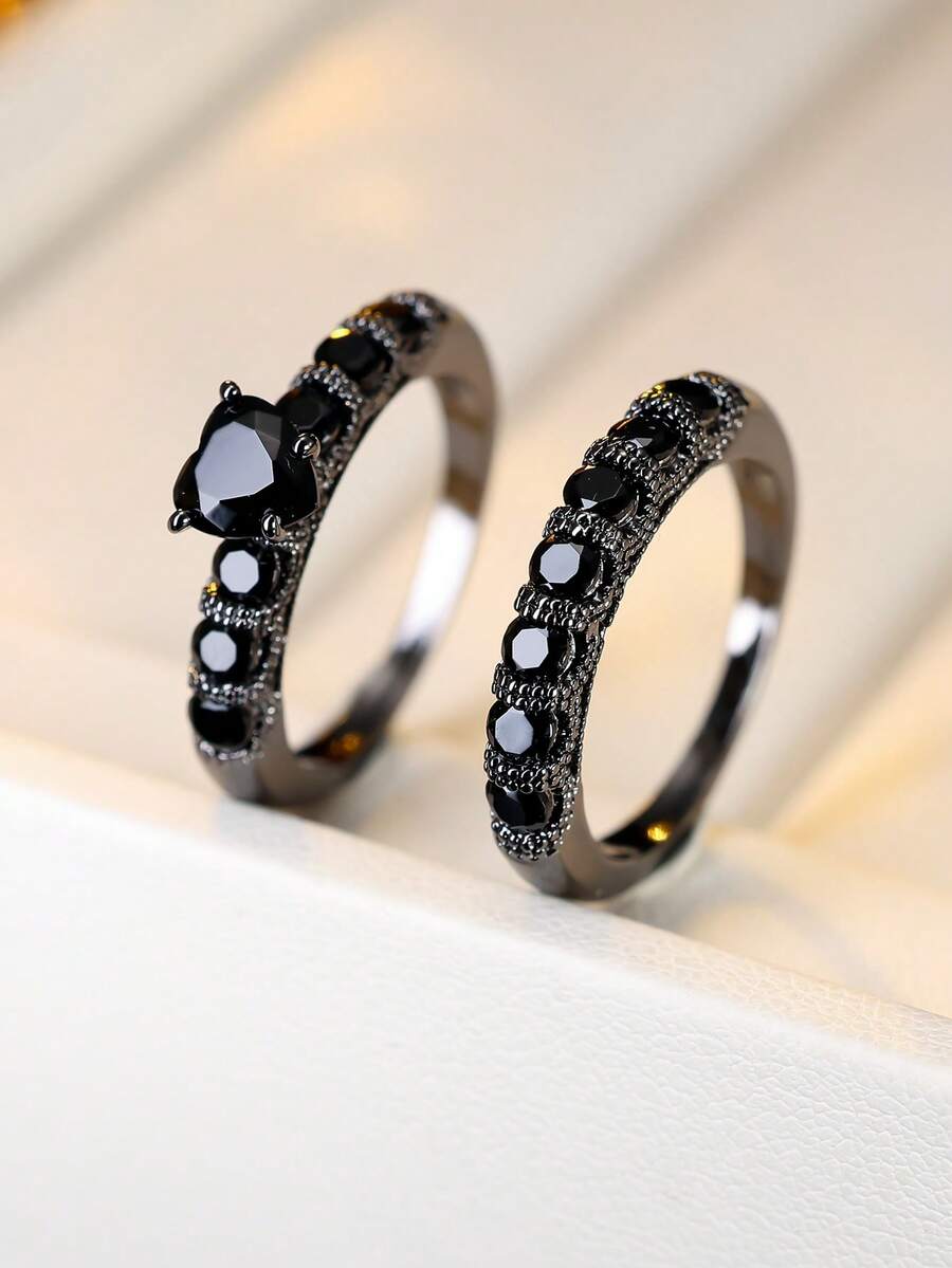1 Set Black Gun Color Heart Shaped Main Diamond Pave Ring, Vintage Stackable Rings - Gun Black - View 1