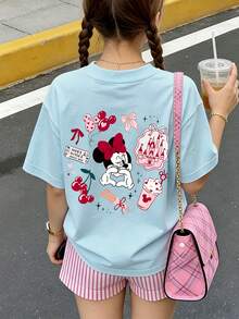 Disney Disneyland Girl Mouse Print Summer Tops, Cute Printed Pattern,Disney Kids Minnie Mouse Outfit, Perfect For Cute Girls. Teen Girl Gift,Tween Summer Clothes,Comfortable And Breathable Children's Short-Sleeved T-Shirt. Suitable For Both Boys And Girls.Suitable For Daily Wear, Vacations, Outdoor Activities, And As A Children's Gift. - Màu xanh nhạt - Xem 3