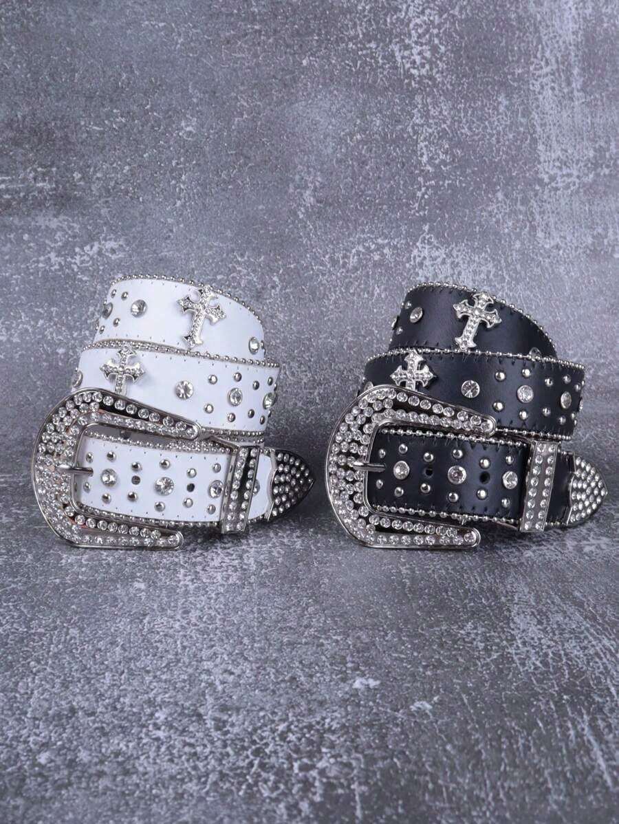 Crystal & Rhinestones Embellished Metal Western Cowboy Style Belt, Fashion Street Style, Christmas Gift Summer, School Fall, Autumn, Halloween - 白色 - 查看 1