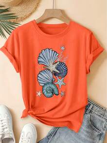 Vintage Ocean And Starfish Print Short Sleeve T-Shirt, Forest Style Loose Top, Spring/Summer 2026 Elegant Party Fashion, Women's Versatile Clothing, Loose Fit Retro T-Shirt - 白色 - 查看 6