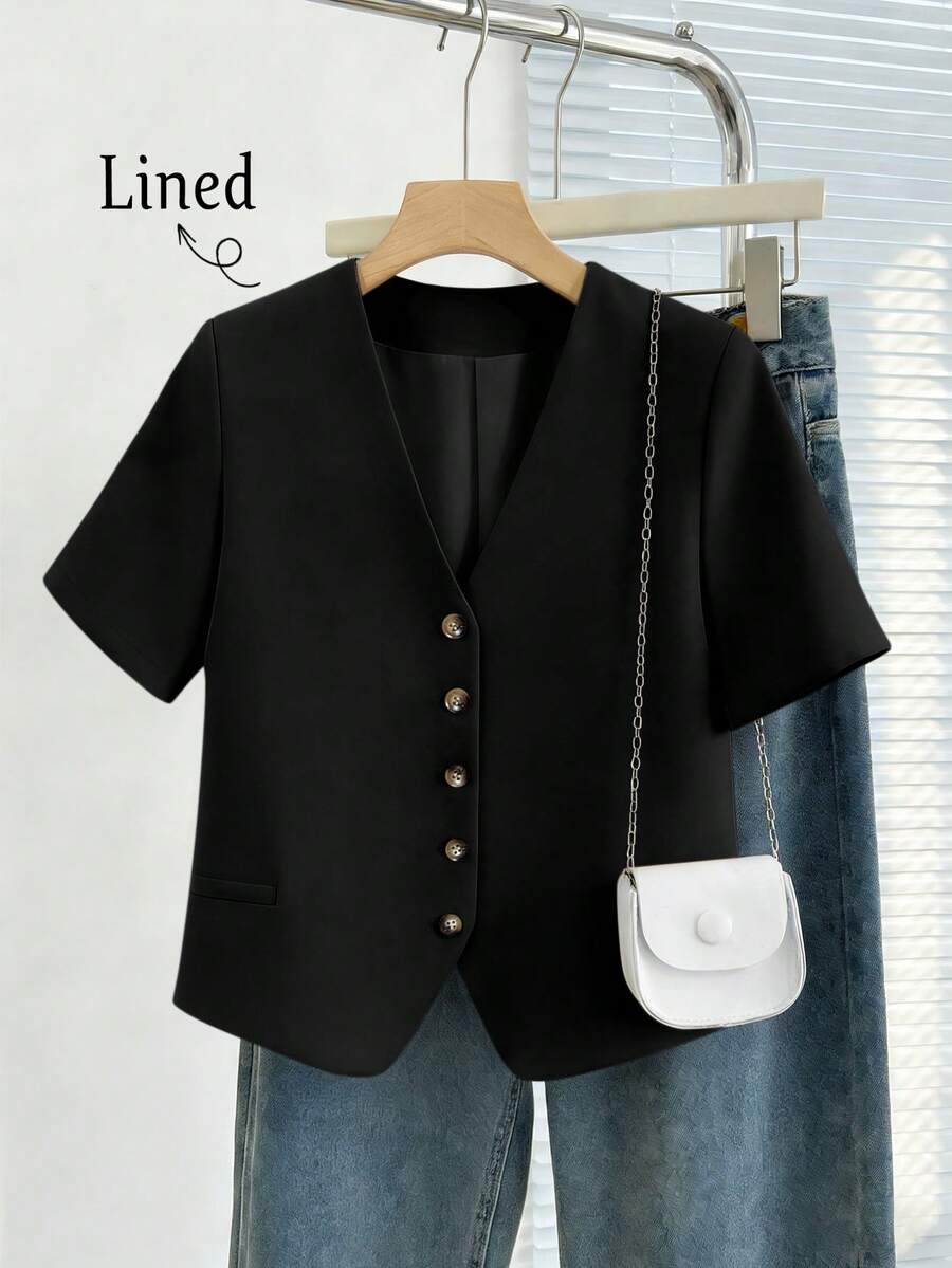 Áo khoác blazer ngắn ôm dáng, nhẹ, cài một hàng khuy dành cho nữ, có lớp lót, màu đen, thích hợp cho mùa xuân/hè. - màu đen - Xem 1