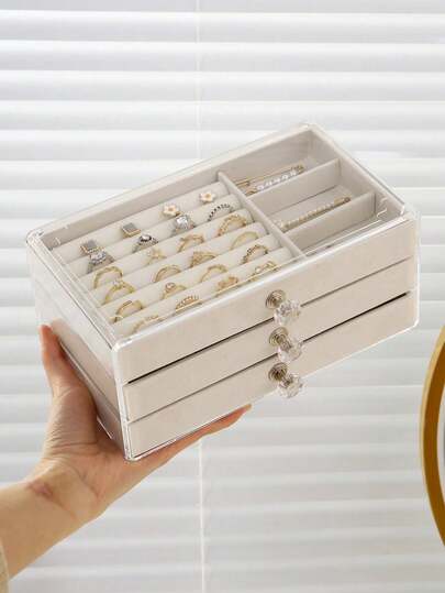 1 pieza Caja de joyería de acrílico transparente de 3 niveles, caja de almacenamiento de joyería de gran capacidad, estuche de exhibición de joyería con estilo de cajón con múltiples cajones para sostener aretes, anillos, collares, adecuado para uso doméstico y de viaje, diseño de cajón con almohadilla suave resistente a la decoloración