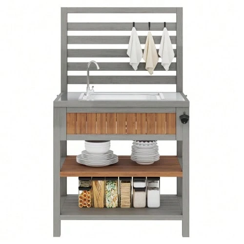 Garden Cabinet With Water Tank And Tap, Integrated Bottle Opener – Weatherproof Tool Cabinet With Large Worktop And Drawer, Barbecue Area With Adjustable Shelves, Outdoor Kitchen Unit - Natural Color - View 1