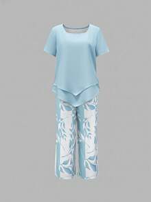 2026 New Women Casual 2-Piece Outfit, Solid Irregular Hem Short Sleeve Top & Plant Print Capri Pants, Loose Soft Loungewear, Ideal Travel Beach Daily - Light Blue - View 3
